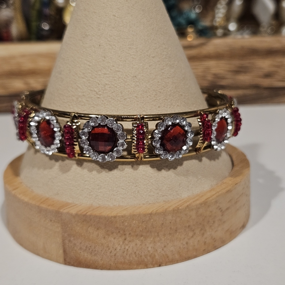 Gold Red Ruby Rhinestone Bangle Bracelet Women's Jewelry Flower Fancy Sparkly
